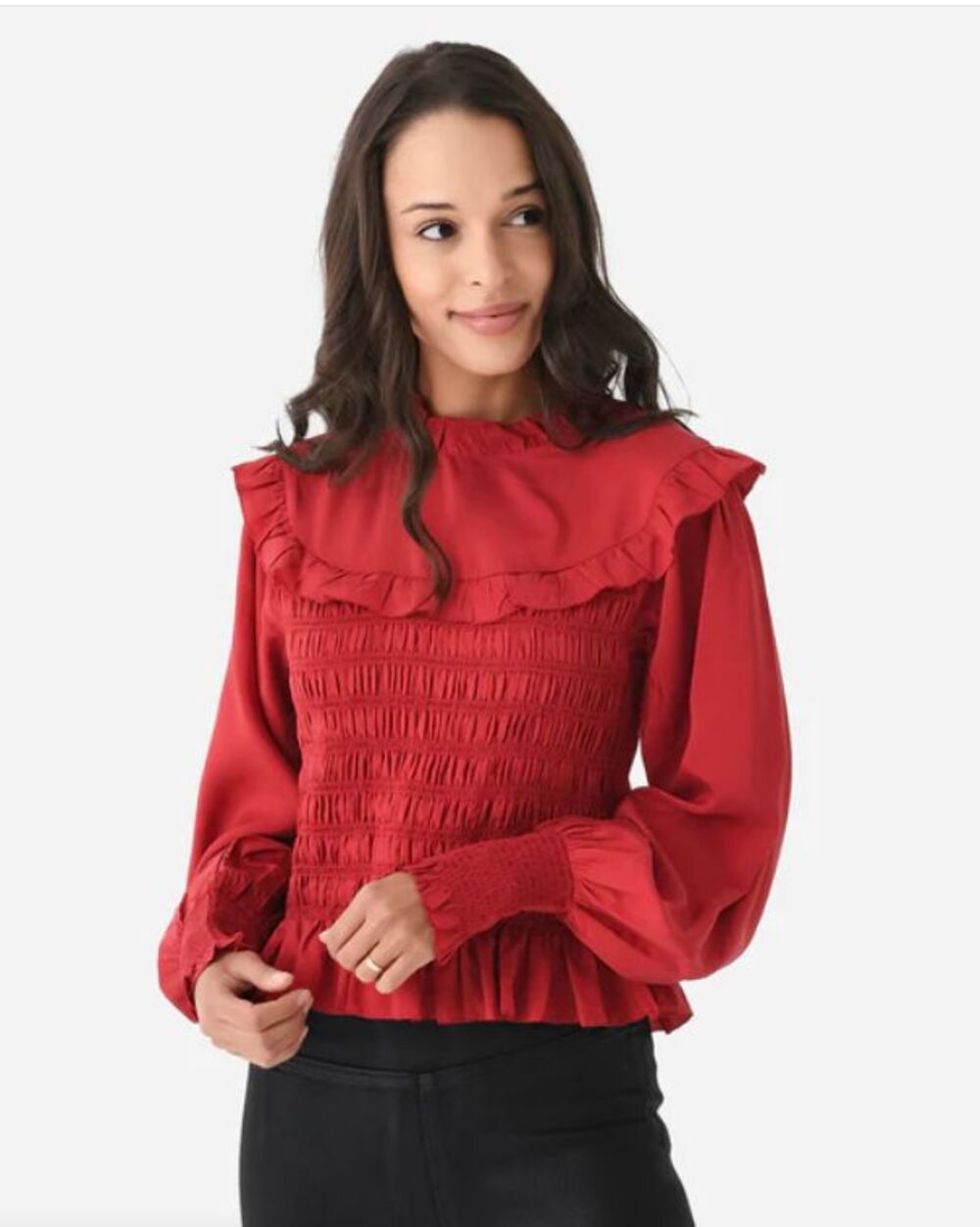 SEA New York Women's Elea Silk Dupioni Smocked Top Long Sleeve Button Back Large